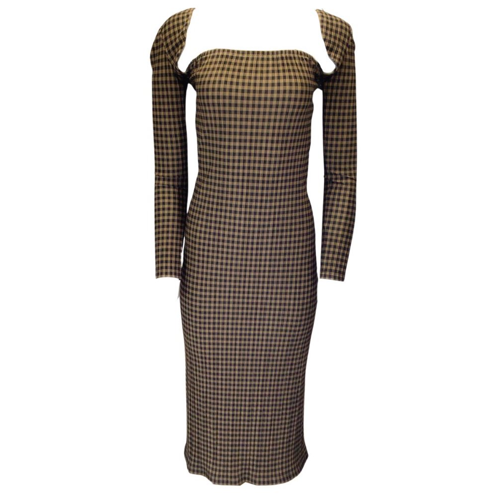 ROKH BROWN / BLACK GINGHAM CHECKERED MIDI DRESS